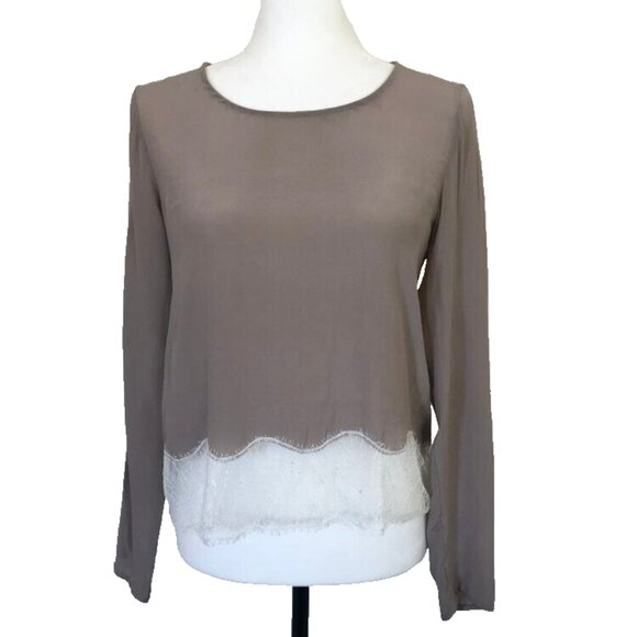 WILFRED Desaix Long Sleeve 100% Silk Top Blouse Size Small Taupe Cream Lace Trim - Picture 1 of 8